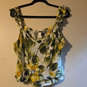 H&M Yellow Lemon Print Ruffled Crop Tank Top